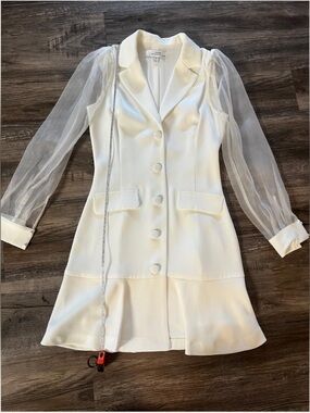 White mini dress with button up front and pockets with mesh sleeves
